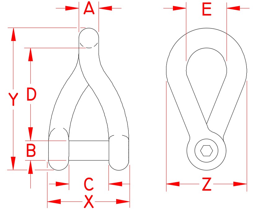 Stainless Steel Twist Shackle with No Snag Pin, S0163-NS06, S0163-NS08, S0163-NS10, S0163-NS12, line Drawing